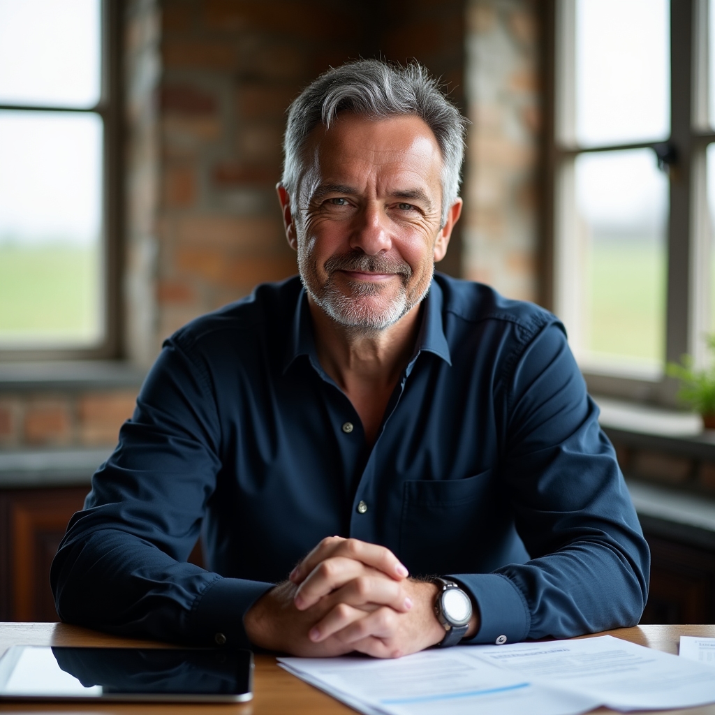 Associate consultant, a man in his early 50s with grey-streaked hair, wearing a navy shirt, reviewing documents at a wooden desk