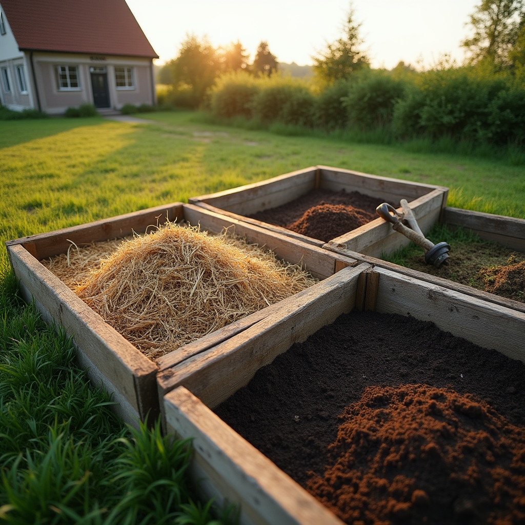 A well-organized composting system on a small farm with layered organic material and wooden frames