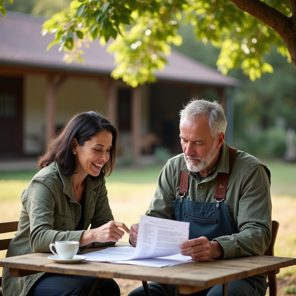 A consultant seated with a farmer at an outdoor table reviewing notes and farm operation documents