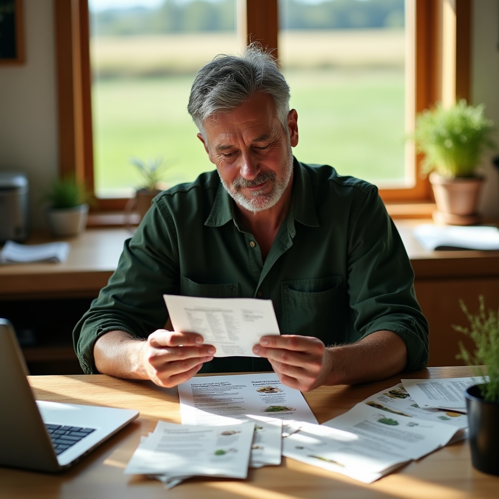 A farmer reviewing printed marketing materials at a desk with natural light coming through a window
