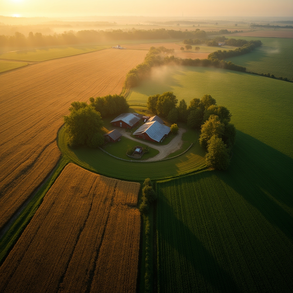 Aerial view of a small farm with diverse crop fields and resource management systems