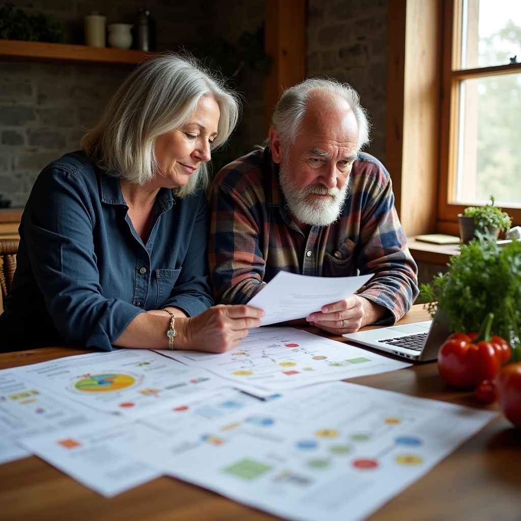 Two rural business owners reviewing documents together at a wooden table surrounded by farm produce
